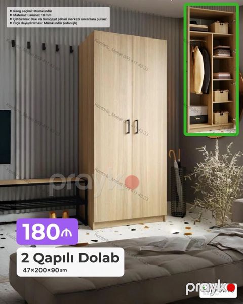 2 qapılı paltar dolabı - Ölçülər: 47 200 90 sm - Material: 18 mm — Bakı