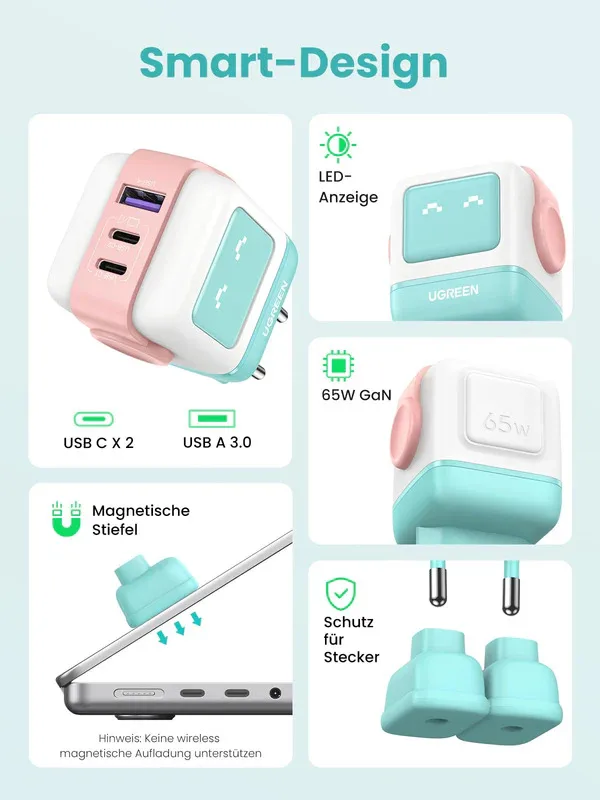 Enerji toplama cihazı Ugreen Uno RG 65W 3-Port GaN Fast Charger Pink Blue EU — Mallar, Bakı (4)