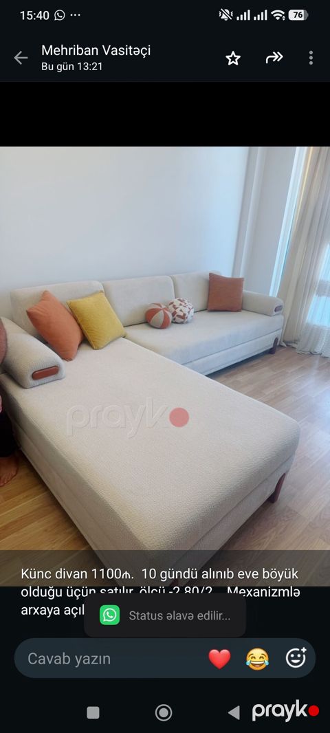 Künc divan 1100₼. 10 gündü alınıb eve böyük olduğu üçün satılır. ölçü — Bakı