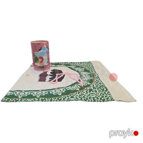 Hədiyyə dəsti Mercan 20002 (namaz xalçası 90x50 sm + təsbeh), pambıq, krem/yaşıl — Bakı