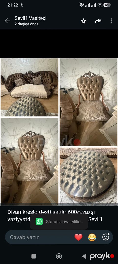 Divan kreslo dəsti satılır 600₼.yaxşı vəziyyətdə.Ünvan Masazır. 6575 — Bakı