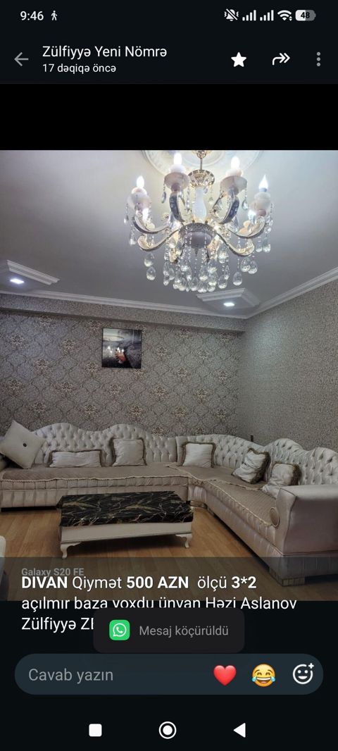 *Dıvan* Qiymət *500 AZN* ölçü *3*2* açılmır baza yoxdu ünvan Həzi — Aişə Xanım — Divanlar