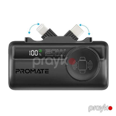 Promate PowerUp-Trio 5000mAh 20W Mini Power Bank – Usb-c, Lightning, Apple Watch, Qara — Bakı