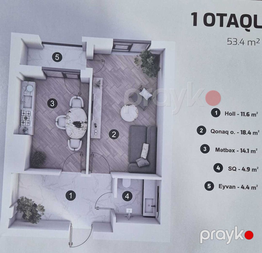 Satılır 1 otaqlı yeni tikili 53.4 m² — Mənzil, Bakı (5)