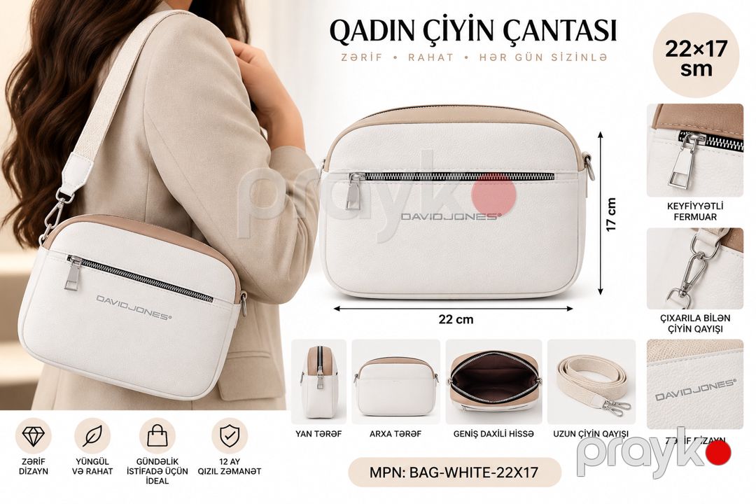 Çiyin çantası, Ağ, Süni dəri, 22 sm — Mallar, Bakı