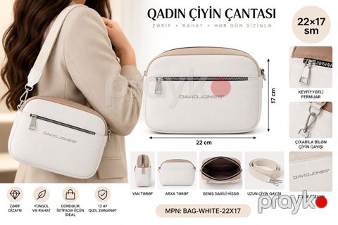 Çiyin çantası, Ağ, Süni dəri, 22 sm — Bakı