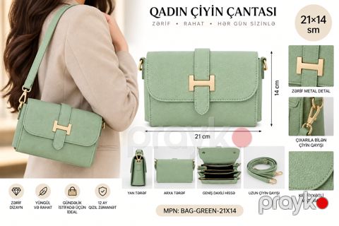Çiyin çantası, Yaşıl, Süni dəri, 21 sm — Bakı