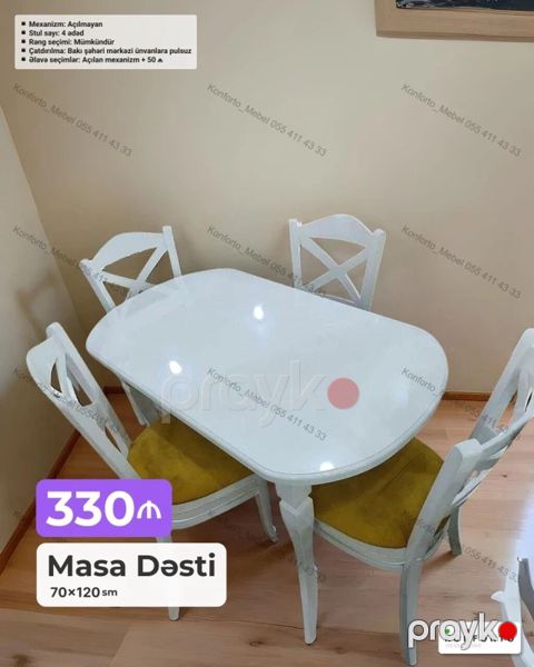 Masa Dəsti – 70×120 sm - Dəst: 1 masa + 4 stul - Mexanizm: Açılmayan — Bakı