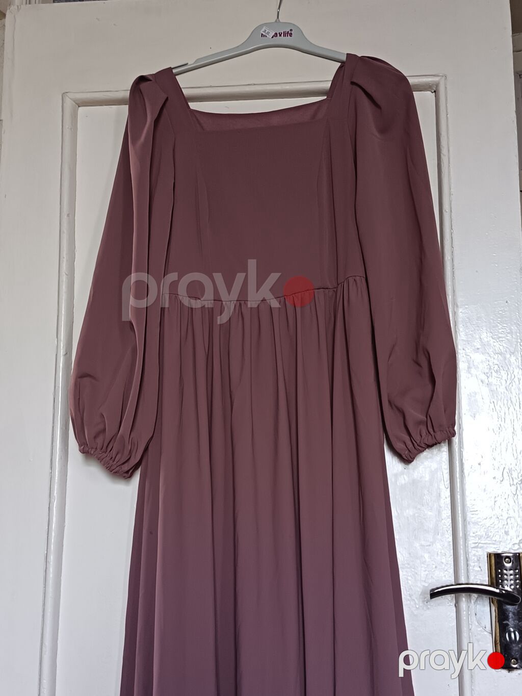 Mauve rəngli uzun don - Model: kvadrat yaxalı, beldən yığılıp — Gündəlik paltarlar, Digah (2)