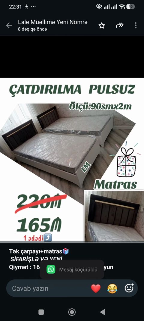 *Tək çarpayı+matras _*Sifarişlə VƏ Yeni*_ *Qiymət — Кровати