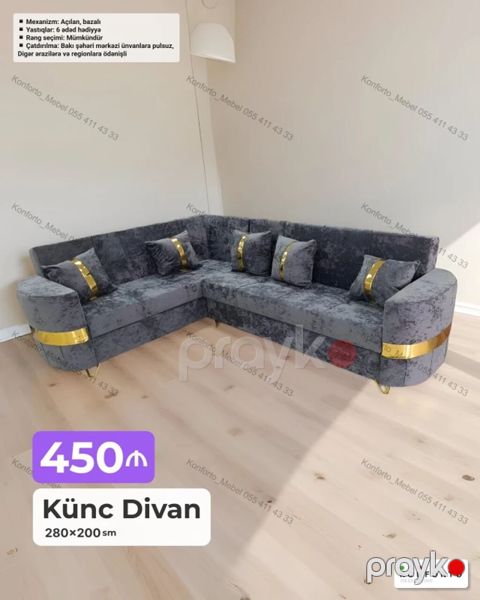 Künc divan – 280×200 sm - Mexanizm: açılan, bazalı (yorğan‑yastıq — Bakı