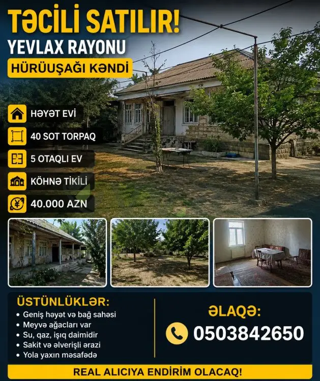 4 otaqlı Həyət evi Satılır, Yevlax — Yevlax