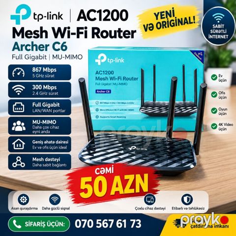 TP-Link Archer C6 AC1200 — Wi-Fi Router Cəmi 50 AZN Ev və ofis üçün — Bakı