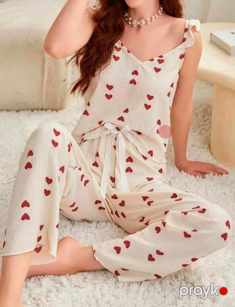 Qadınlar üçün şalvarlı pijama dəsti 0486, qırmızı, pambıq, ölçü S/M — Bakı