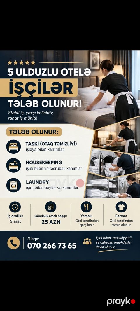 Xadimə tələb olunur, Gündəlik ödəniş, İstənilən yaş, Təcrübəsiz — Bakı