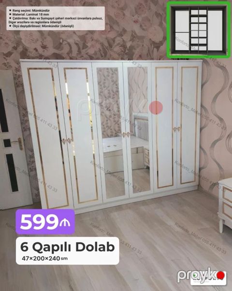 6 qapılı geyim dolabı – 47×200×240 sm ölçüdə. - Dizayn: Ağ rəng — Bakı