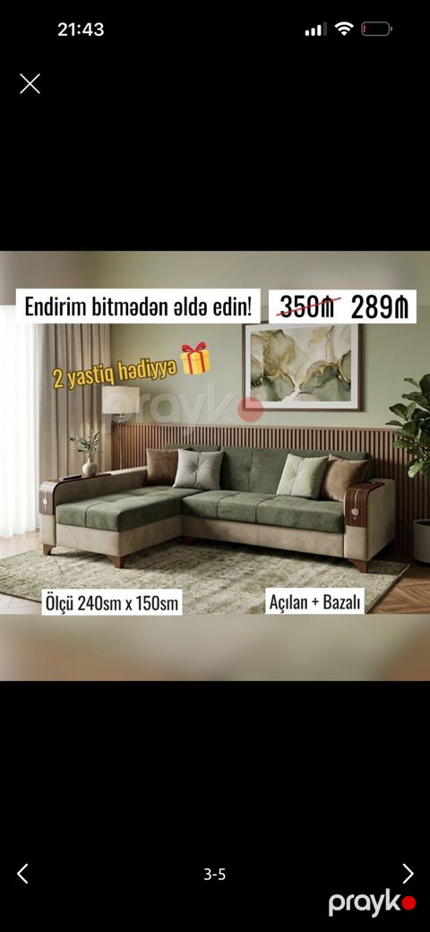 Açılan və bazalı künc divan - Ölçü: 240 sm x 150 sm - Mexanizm — Bakı