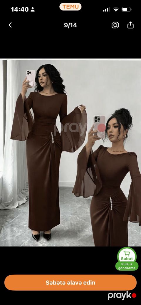 Qəhvəyi rəngli uzun ziyafət donu - Model: bədənə oturan maxi uzunluq — Digah