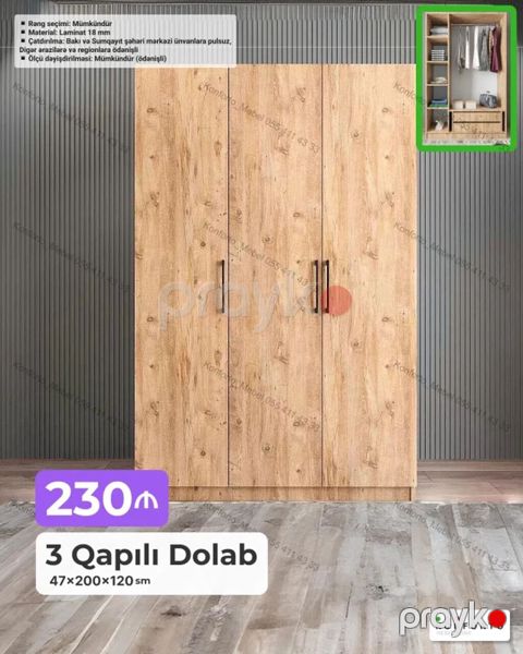 3 qapılı paltar dolabı – 47×200×120 sm - Material: 18 mm laminat — Bakı