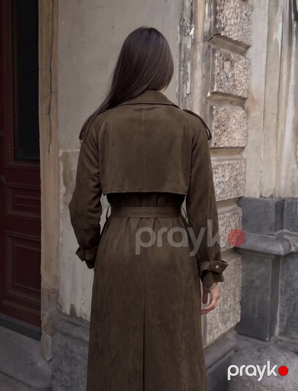 Qadınlar üçün uzun trençkot – qəhvəyi - Material: süet effektili — Yağmurlaq, Bakı (2)