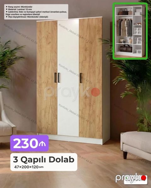3 qapılı geyim dolabı – 47×200×120 sm - Material: 18 mm laminat — Bakı