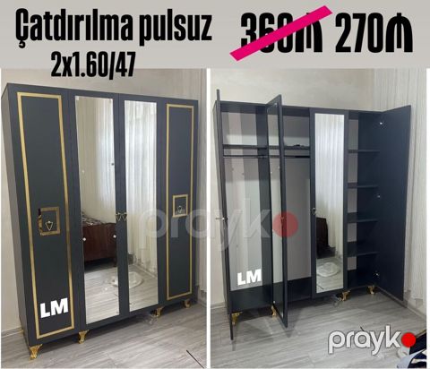 Yeni, 4 qapılı, Güzgülü, Qara, Açılan, Düz dolab — Digah