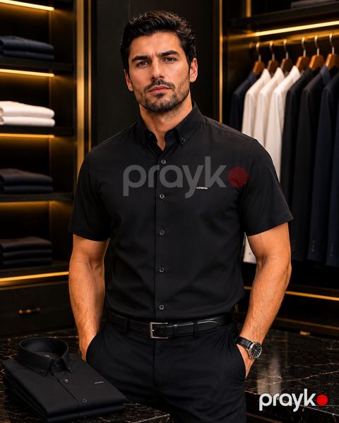 Kişilər üçün qısaqol köynək 2389110, qara, kətan, ölçü M — Bakı