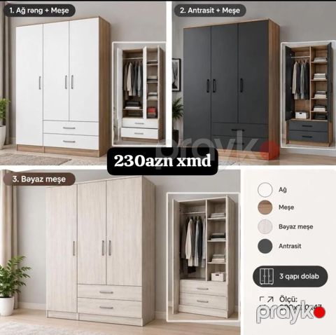 3 qapılı geyim dolabı - Ölçü: 200 x 120 x 47 sm - Daxili quruluş — Bakı