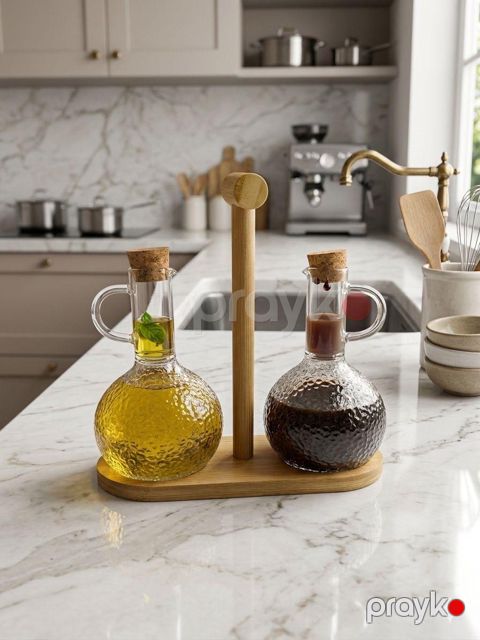 Yağ üçün qab dəsti NP17, şüşə/bambuk, qapaqlı, altlıq ilə, 300 ml — Bakı