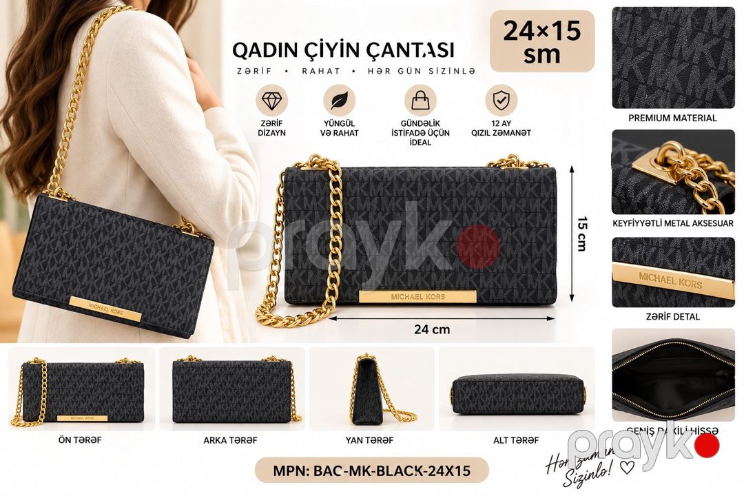 Çiyin çantası, Qara, Süni dəri, 24 sm — Mallar, Bakı
