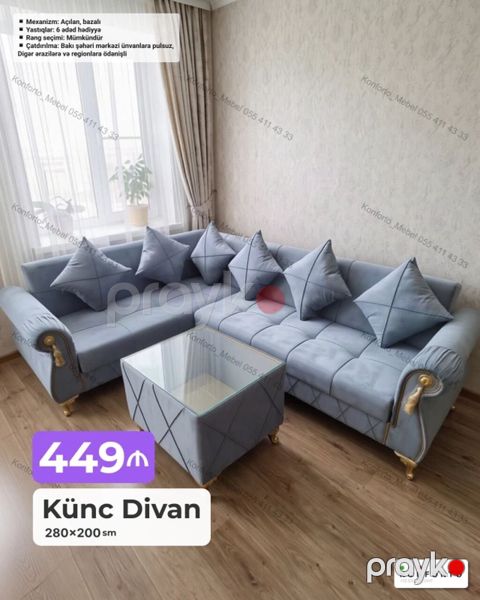 Künc Divan – 280×200 sm - Mexanizm: açılan, bazalı (yorğan-döşək üçün — Bakı