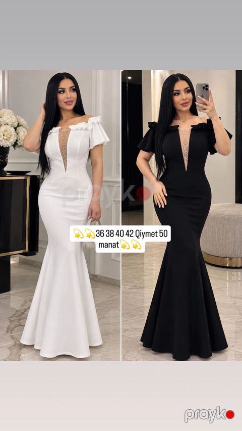 Zərif gecə/libas modeli – mermaid kəsim, çiyindən açıq, qollarda — Bakı