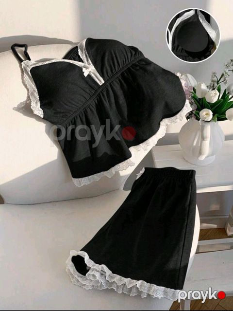 Qadın pijama dəsti – 2 parça - Rəng: qara, ağ krujeva detalları ilə — Bakı