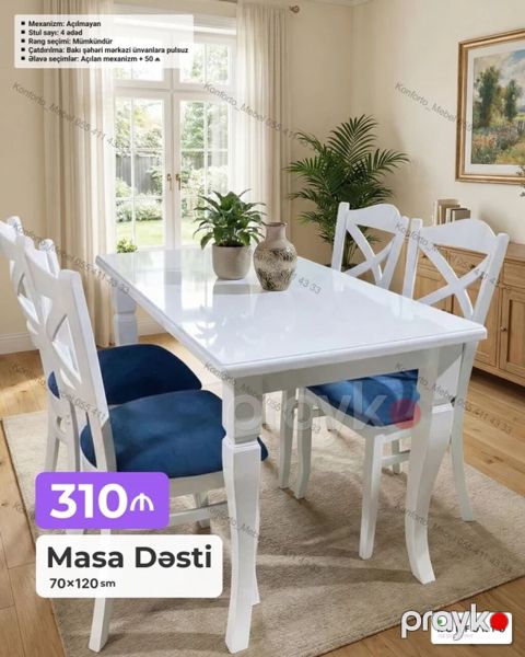 Məhsul: Masa dəsti - Ölçü: 70×120 sm - Komplekt: 1 masa + 4 ədəd stul — Bakı