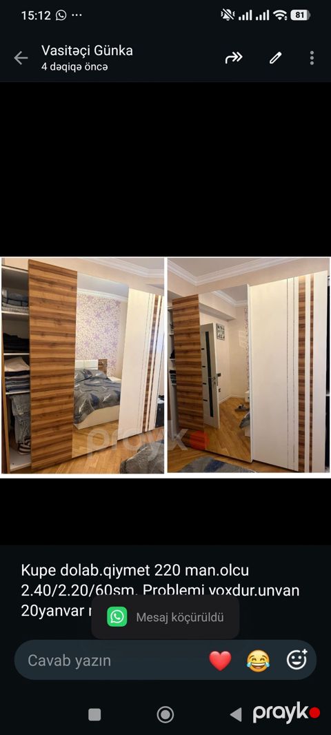 Kupe dolab.qiymet 220 man.olcu 2.40/2.20/60sm. Problemi yoxdur.unvan — Bakı