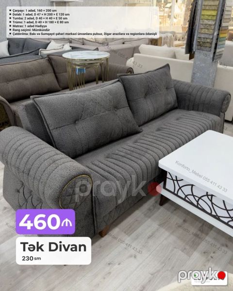 Tək Divan – 230 sm - Rəng: Tünd boz parça, dekorativ tikişlər və — Bakı