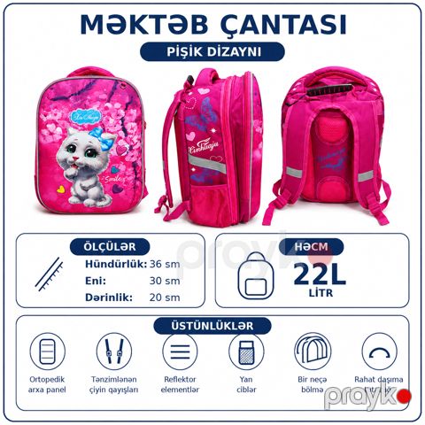 Məktəb çantası 12294, çəhrayı, 22 l — Bakı