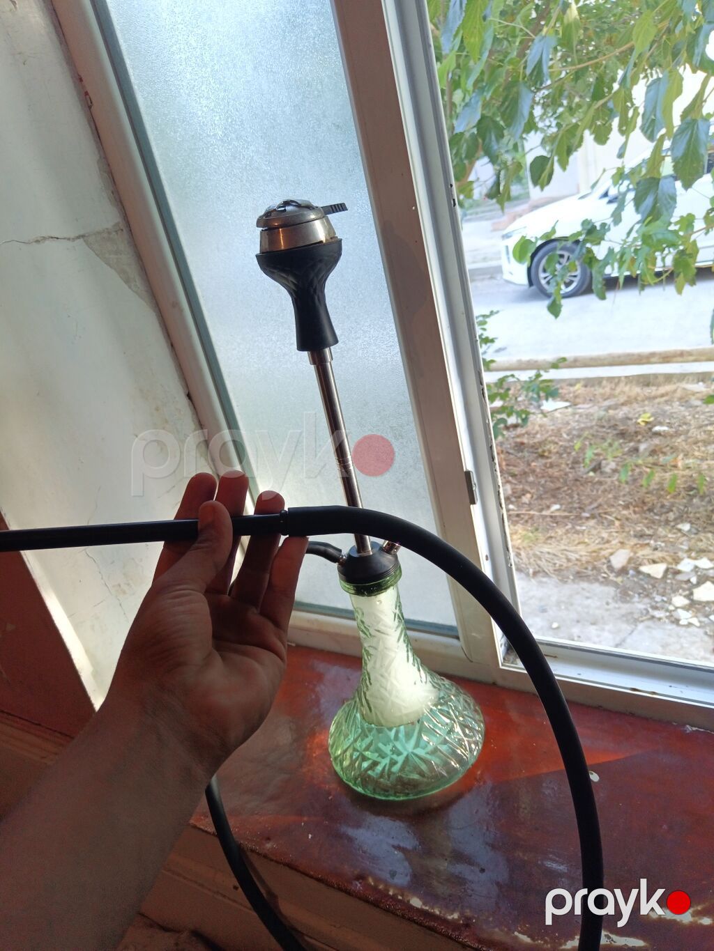 Nargilə dəsti - Şüşə kolba: Yaşıl rəngli, naxışlı qalın şüşə — Elektronik siqaretlər, Şirvan (2)
