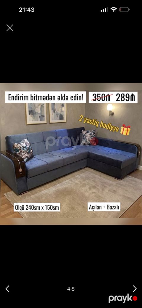 L‑şəkilli divan - Ölçü: 240 sm x 150 sm - Açılan mexanizmli, bazalı — Bakı