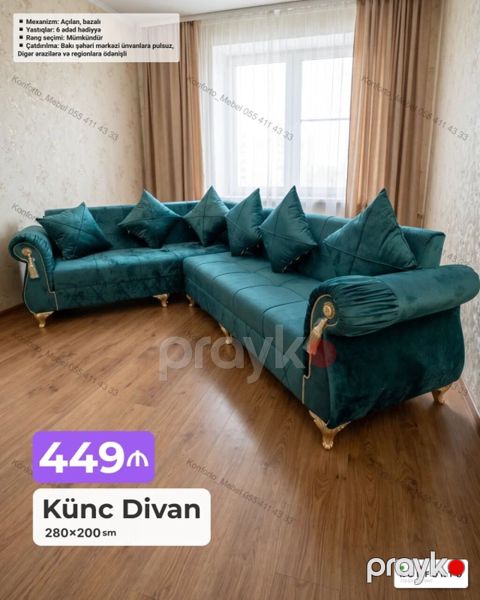 Künc Divan – 280×200 sm - Zərif dizaynlı, yumşaq məxməri parça ilə — Bakı