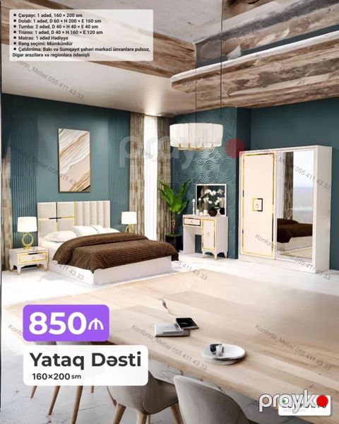Yataq Dəsti – 160×200 sm Komplektin tərkibi və ölçülər: - Çarpayı: 1 — Bakı