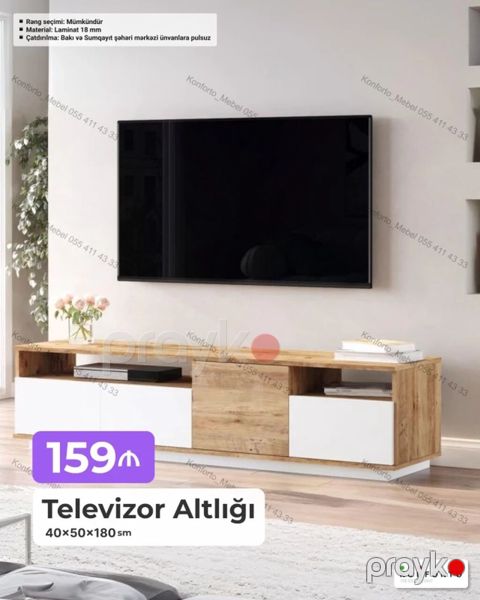 Televizor altlığı – 40×50×180 sm - Dizayn: Təbii ağac teksturası və — Bakı