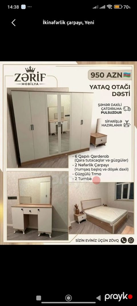 Zərif Mobilya – Yataq Otağı Dəsti Tərkibi: - 6 qapılı qarderob (qara — Bakı