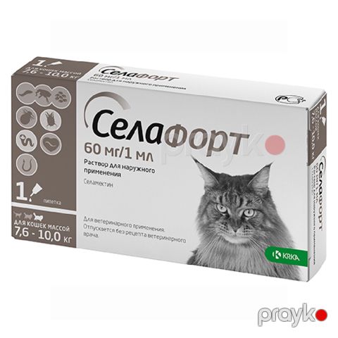 Selafort pişiklər üçün damcılar, bitlərə, birələrə, qotur gənələrinə və helmintlərə qarşı, 60 mq/1 ml 7.6-10 kq — Bakı