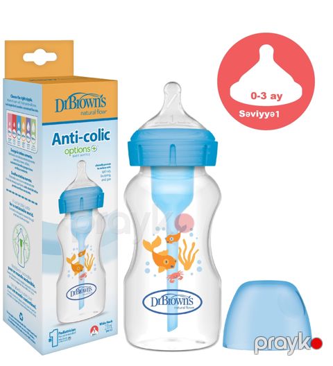 Köp və sancı əleyhinə Polipropilen 270 ml səviyyə 1 (0-3ay) əmzik başlıqlı butulka Dr. Brown's — Bakı