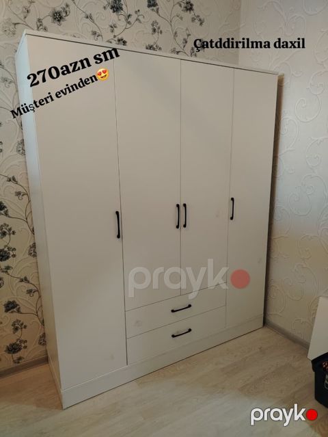 Ağ rəngli, 4 qapılı geyim dolabı - Sadə və zərif dizayn, qara rəngli