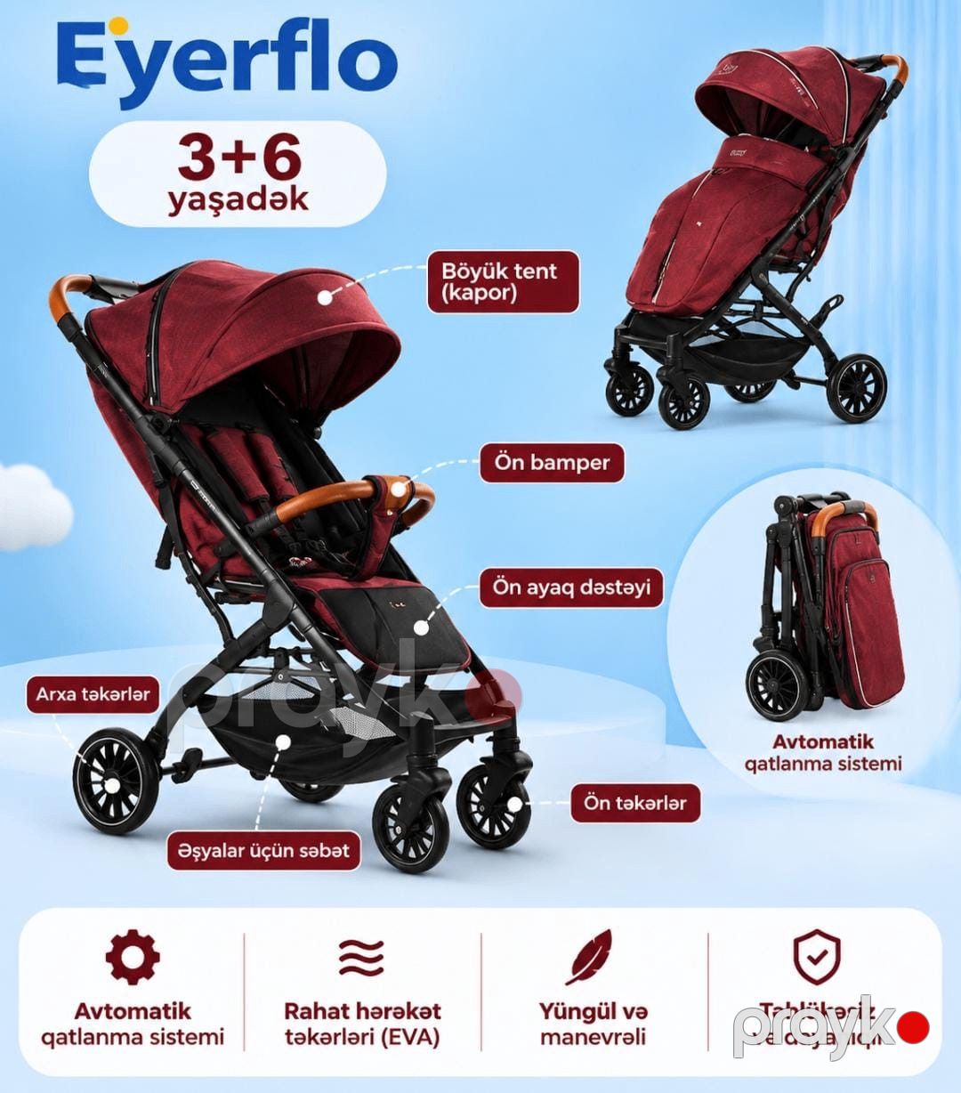 Uşaq arabası Eyerflo ABCS1007, Tünd qırmızı — Mallar, Bakı (3)