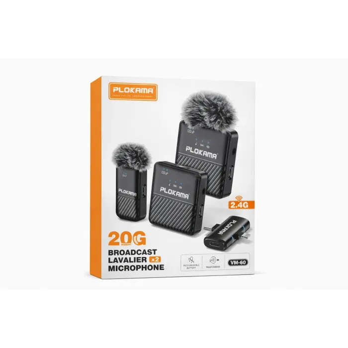 Plokama AirVoice VM-60 Simsiz Yaxa Mikrofonu 2x Lavalier 2.4GHz Type-C — Bakı