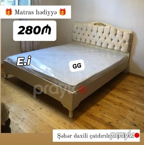 Şık dizaynlı iki nəfərlik çarpayı - Yumşaq, düyməli başlıq və — Bakı