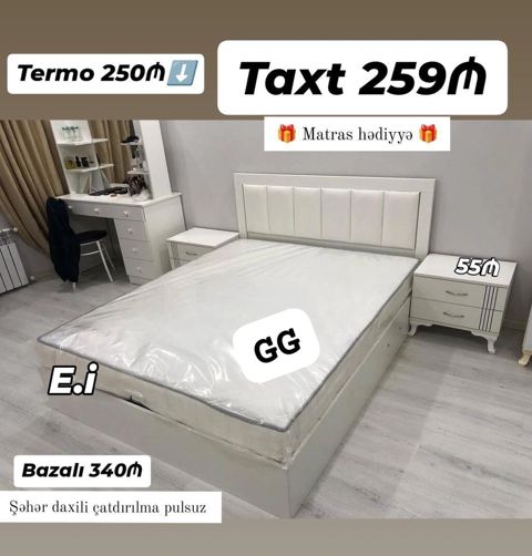 Ağ rəngli yataq otağı dəsti elementləri: - Taxt: 259₼ - Bazalı taxt — Bakı